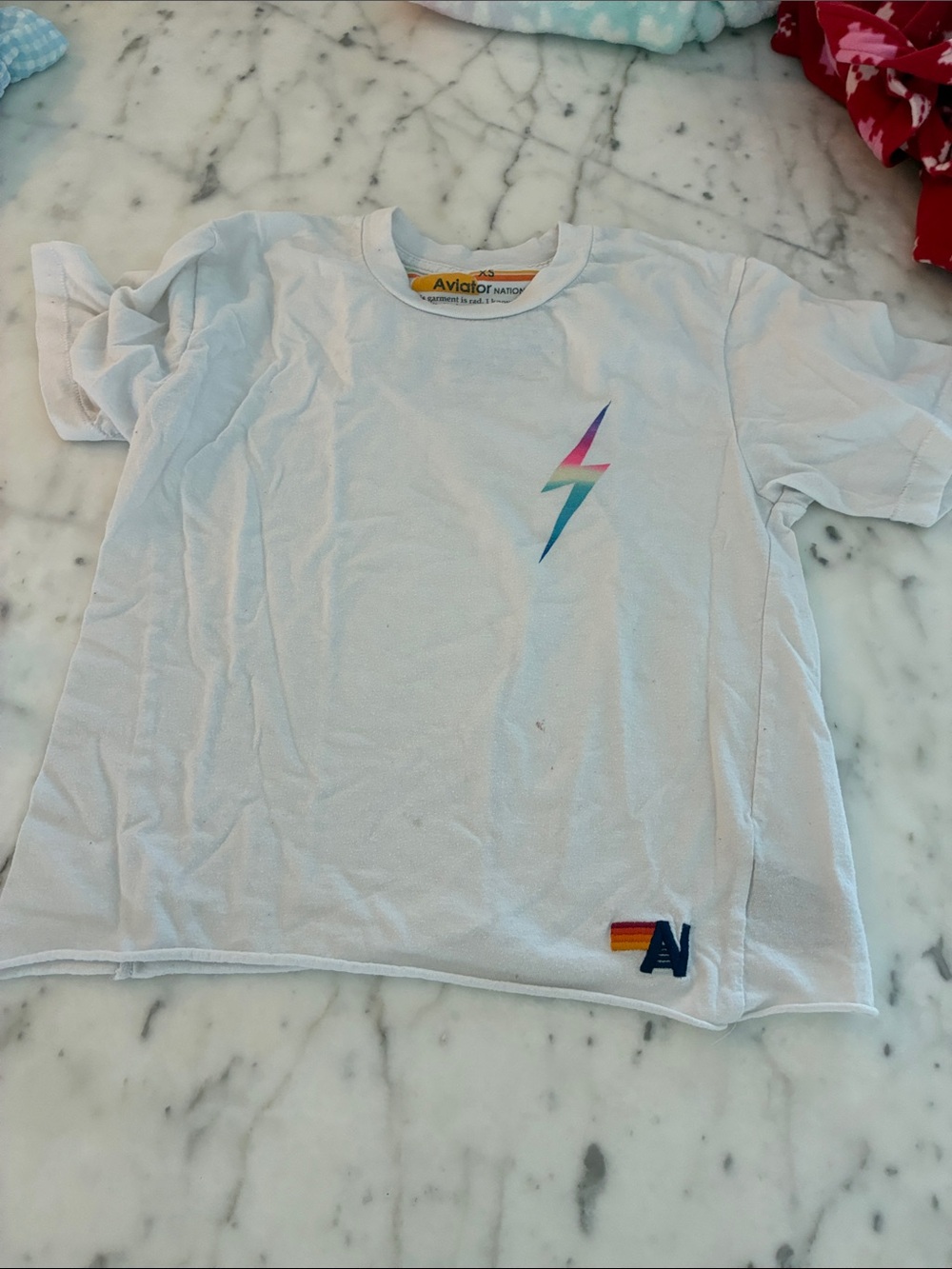 Aviator Nation White Tee with Rainbow Lightning Bolt